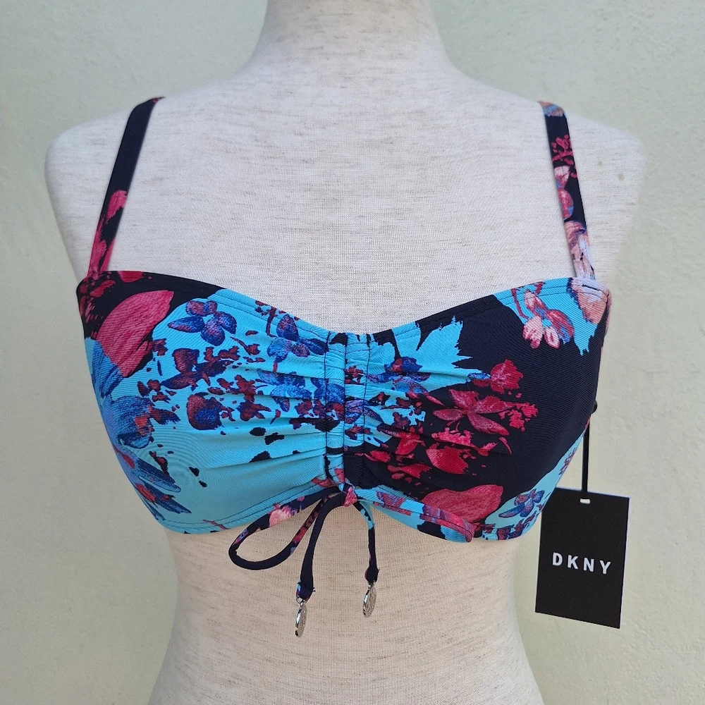 DKNY Moody Floral Navy Printed Tie-Front Bikini Top‎